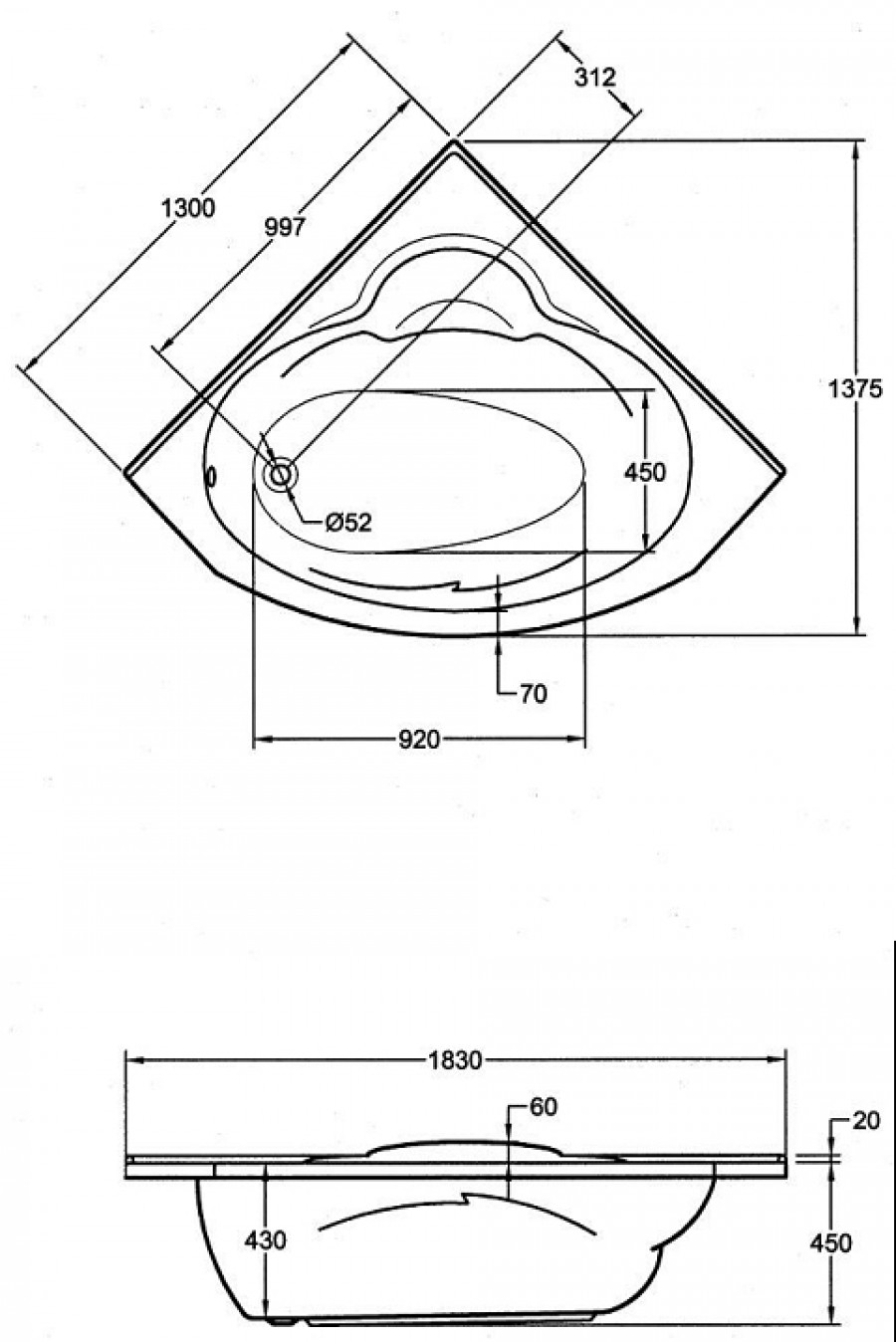 Baignoire d'angle KRETA130x130